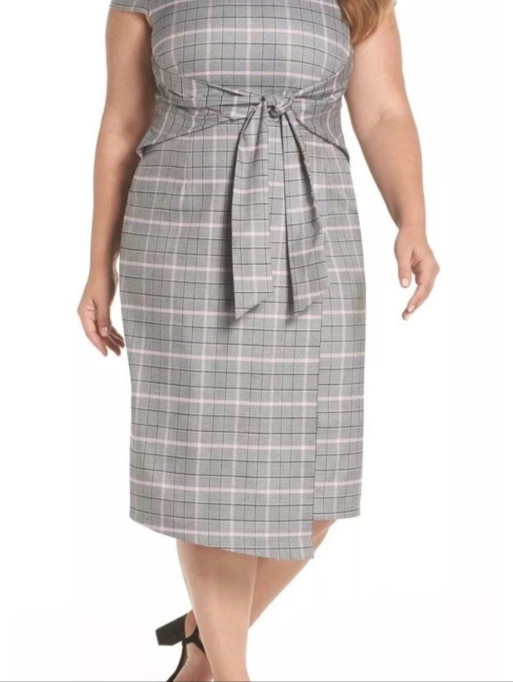 1901 By Nordstrom Gray & Pink Plaid Tie-Waist Sheath Dress